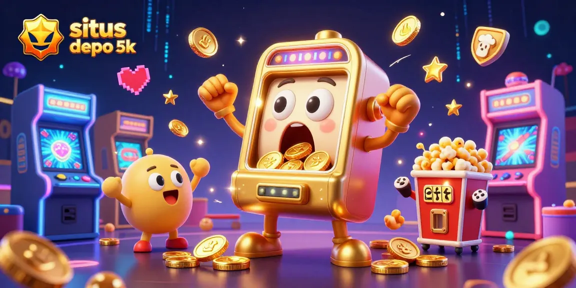 Situs depo 5k slot machine triumphs with coins streaming as arcade chaos unfolds.