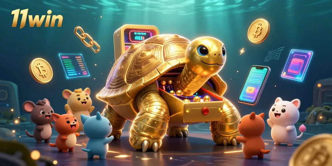Join the excitement at 11win with our vibrant cartoon casino featuring a playful golden tortoise and crypto elements.