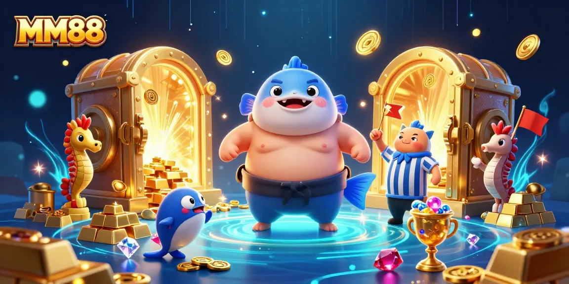 Engage with MM88's thrilling underwater casino scene featuring a fugu in a sumo belt, shimmering gems, and entertainment.