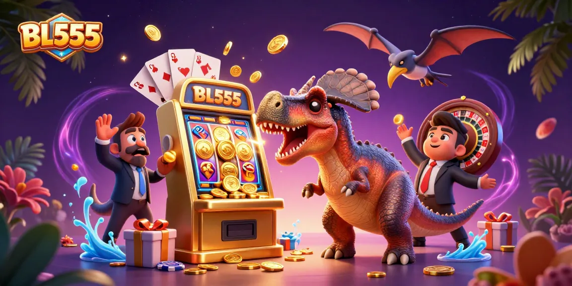 Spin the jackpot at BL555 with a cartoon dinosaur headbutting a golden slot machine in a lively casino atmosphere.