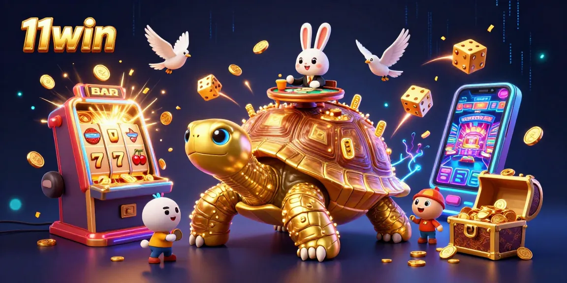 Experience the excitement of 11win with a vibrant casino scene featuring a golden tortoise!