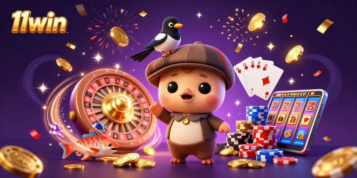 Engage with 11win's vibrant casino scene as playful characters celebrate with golden coins and roulette thrills.