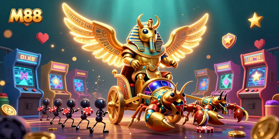 M88 Interactive Scene with a golden scarab beetle and gaming elements, showcasing thrilling action.