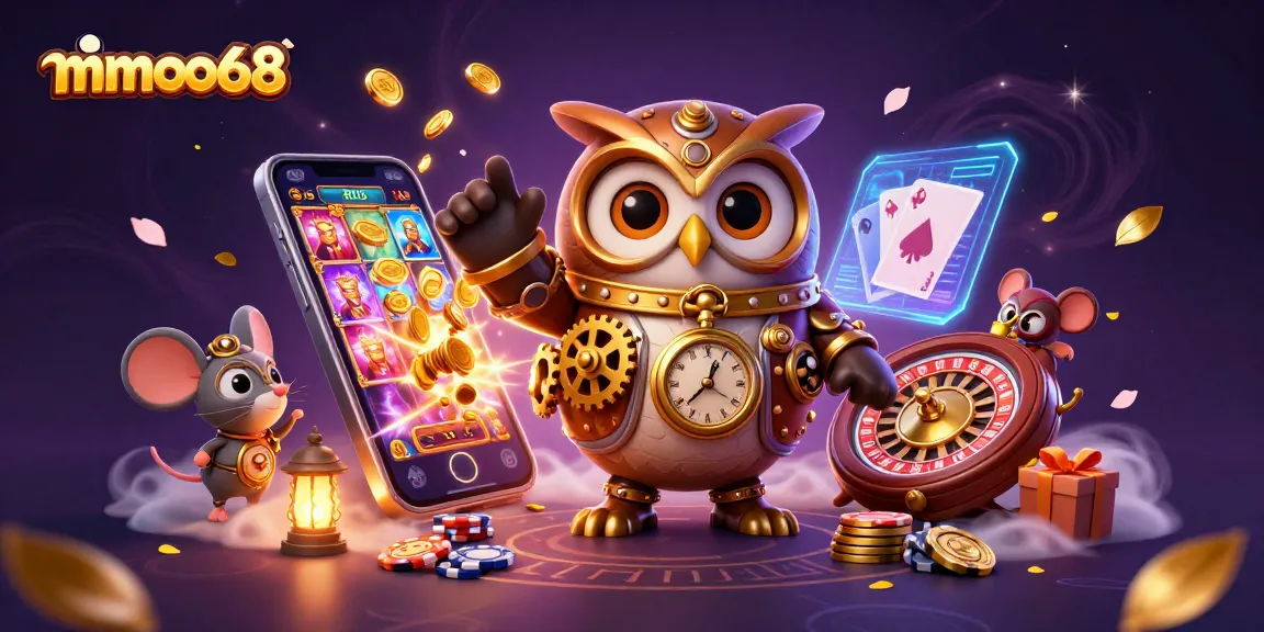 Experience thrilling gaming with mmoo68’s 3D cartoon time-traveler owl and casino elements.