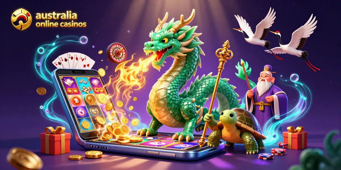 Engage in australia online casinos with dynamic illustrations of a jade dragon, turtle sage, and lucky cranes amidst gaming elements.