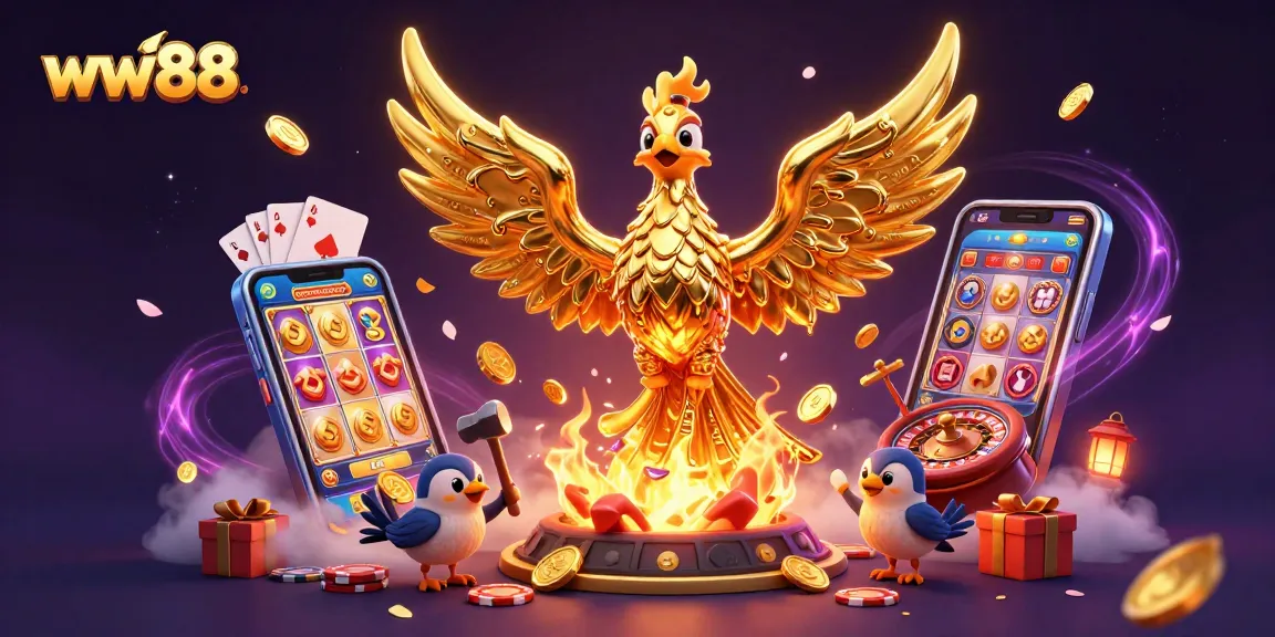 Experience the thrill of ww88 with golden phoenix and animated casino games in this vibrant 3D scene.