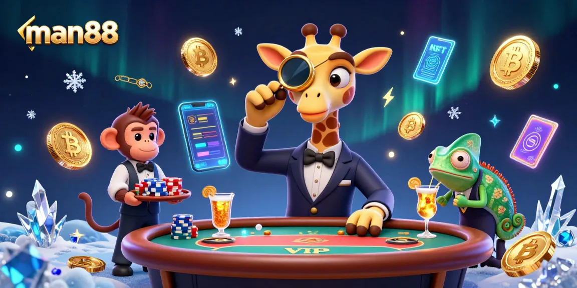 Engage with man88's vibrant casino scene featuring a high-roller giraffe and crypto-themed elements.