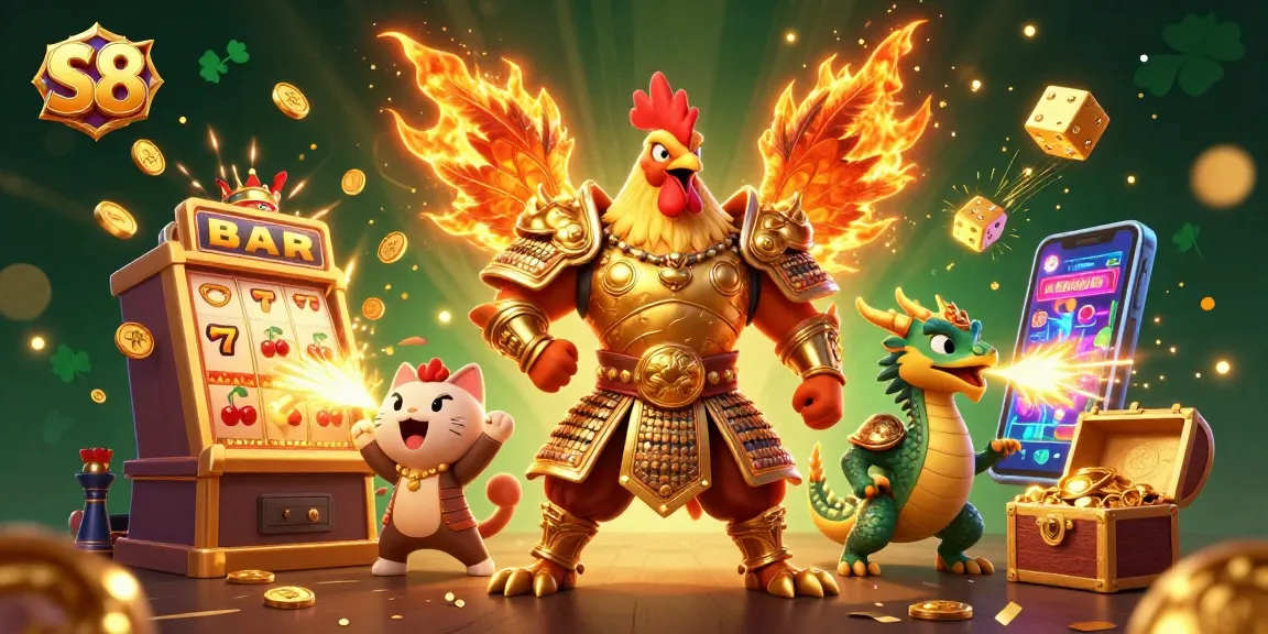 S8 players spin the lucky slot machine for big rewards and jackpots in a vibrant casino scene.