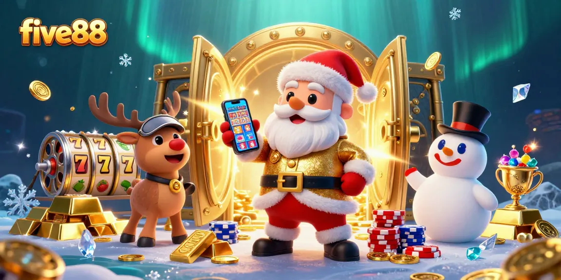 Experience the excitement of five88 with this vibrant illustration featuring Santa and friends in a jackpot slot scene.