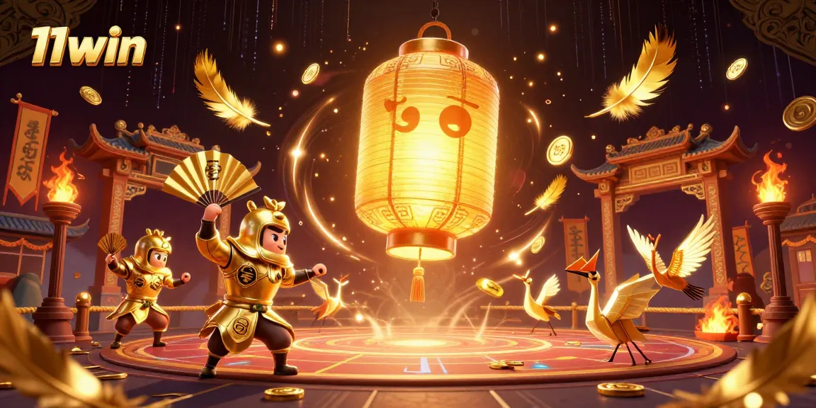 Engage with the thrilling world of 11win through a vibrant casino scene featuring a glowing lantern spirit and dynamic casino elements.