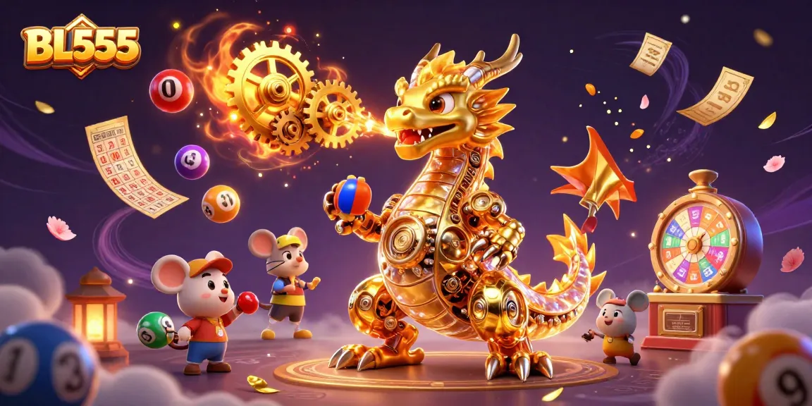 Engage in jackpots at BL555 with a golden dragon and vibrant lottery elements illustrating excitement.