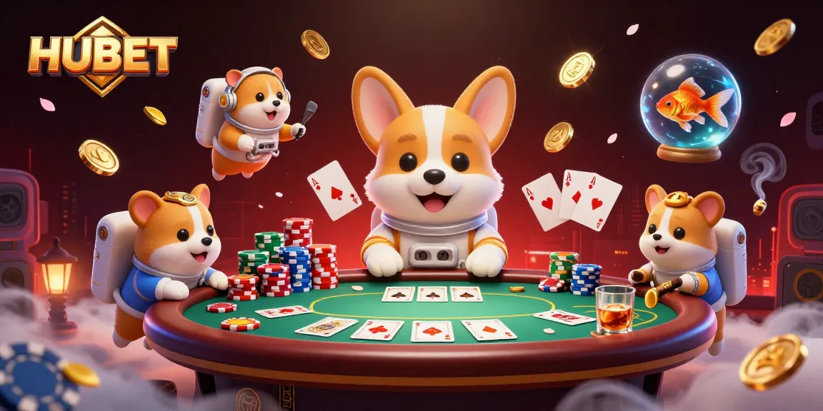 Experience excitement at HUBET with a floating corgi and casino elements in a lively illustration.