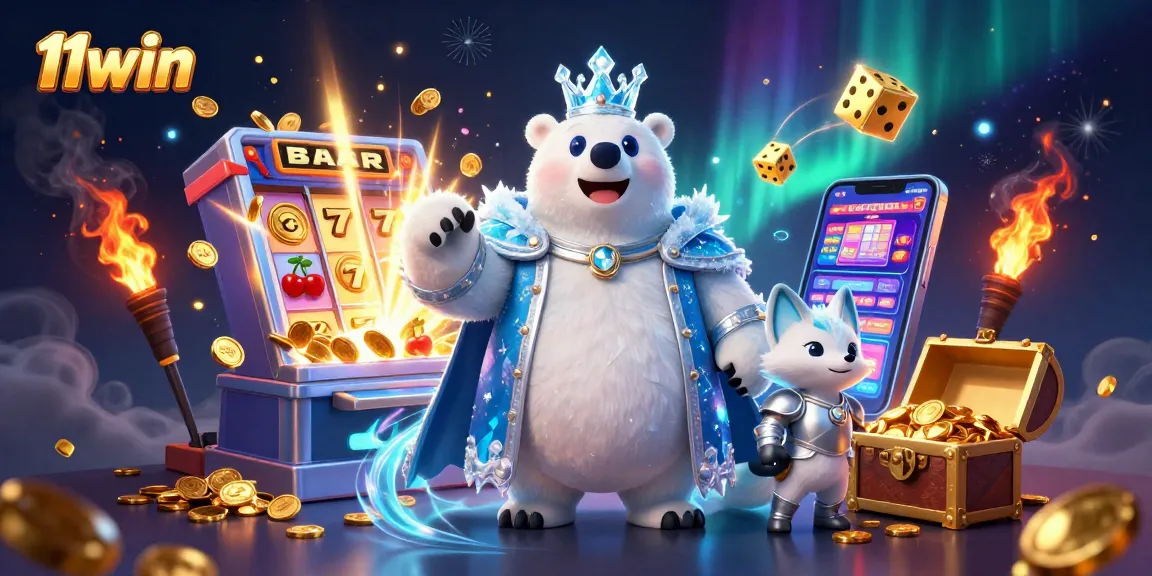 Win big with 11win in a vibrant casino scene featuring a polar bear and fox.
