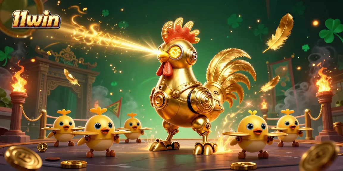 Engage in thrilling action at 11win with a golden rooster robot and baby chick drones amidst a vibrant casino scene.